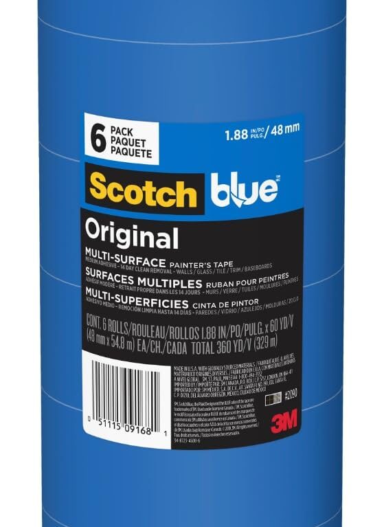 ScotchBlue Original Multi-Surface Painters Tape, 2 Inch Wide (1.88 In. x 60 Yds), 6 Rolls Blue Paint Tape Protects Surfaces & Removes Easily, Masking Tape for Indoor and Outdoor Use (2090-48TP6)
