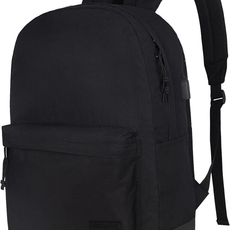 SUPACOOL Casual Laptop Backpack for Men and Women, School Backpack for Boys and Girls, College Bookbag, USB Charging Port, Lightweight Back Pack(Black)
